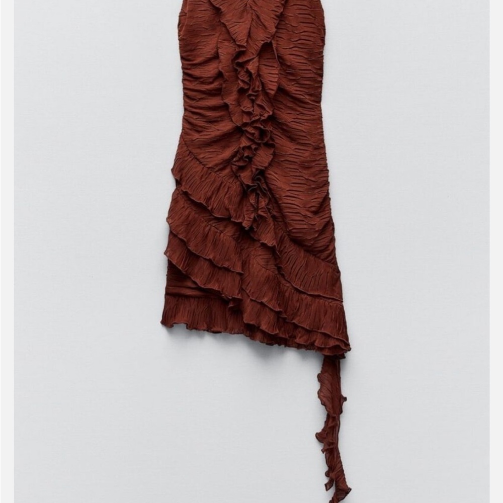 Zara Brown Ruffle Pleated Halter Mini Dress - Picture 6 of 9
